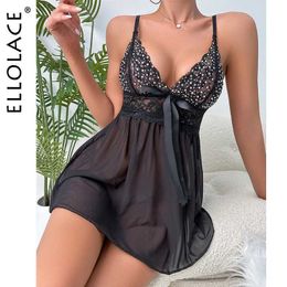 Sexy Set Ellolace Lace Night Dress Bowknot Epoxy Hot Fix Nightie Floral Sleepwear See Through Comfort Mini Nightwear Q240511
