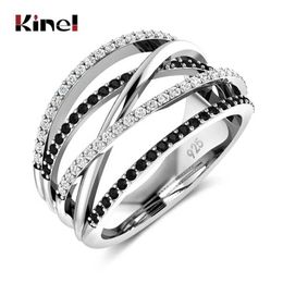 Wedding Rings Kinel Hot Cross Twisted Womens Finger Ring Black and White Natural Zircon Micro Paved Fashion Exquisite Jewellery Gifts Q240511