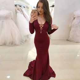 New Simple Long Sleeve Dress Party Open Back Cheap Evening Dress ballkleider lang Elastic Burgundy Mermaid Prom Dresses 185N