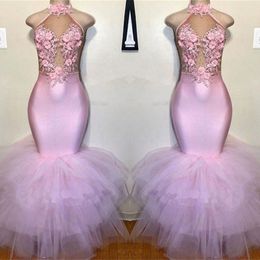 Blush Pink Mermaid Prom Dresses 2020 Halter 3D Flowers Lace Appliques Evening Gowns Plus Size African Formal Party Dress BC3986 188s