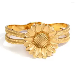 Bangle AENSOA Chunky Stainless Steel Sunflower Wide Bangles Bracelets Earrings For Women Unique Matte Gold Color Summer Jewelry Set
