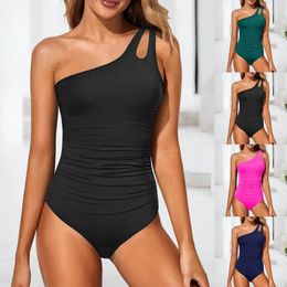 Women's Swimwear Solid Color Sexy One Piece Swimsuit Women Diagonal Shoulder Hollow Sling 2024 Woman Slim Fit Bathing Suits