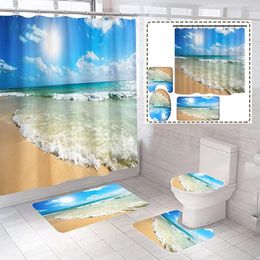 Shower Curtains Sea Waves Seaside Scenery Curtain Sets Beach Ocean Blue Sky Fabric Bathroom Non-Slip Rugs Toilet Cover Bath Mats