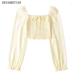 Women's Blouses KEYANKETIAN 2024 Launch Elastic Patchwork Puff Sleeve Bodice Holiday Wind Yellow Pullover Shirt Chiffon Crop Top