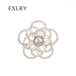 Brooches FXLRY High Quality Fashion Cubic Zircon Elegant CZ Pearl Flower Brooch Pin For Women Dresses Accessories