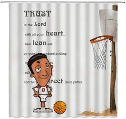 Shower Curtains Basketball Cartoon Rack Bible Proverbs Trust Inspirational Text Words Fabric Bathroom