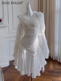 Casual Dresses SUSU Chiffon Folds Ruffles Women Prom Attire Dress Asymmetrical Neck High Waist Elegant Formal Clothes Autumn 2024 SU-A941