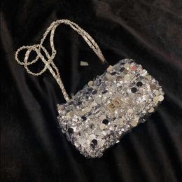 10A Fashion Square Bags Banquet Woven Over Hand Inflexible Small Crossbody Sequins Beads Bag Shiny Silver Bag Phone Underarm Flip Desig Kvws