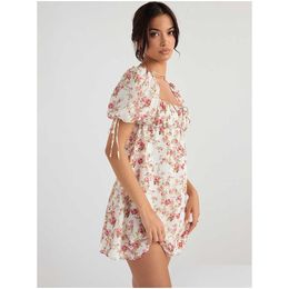 Basic Casual Dresses Vintage Puff Sleeve Loose Holidays Beach Outfits For Women Party Wear Pink Sweet Floral Chiffon Summer Dress Drop Dhzmi