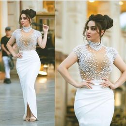 Luxury Dubai Pearls Beaded Tight Prom Dresses Nude White High Neck Illusion Sleeves Formal Evening Gowns Gala Split Plus Size Party Dre 197L