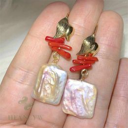Dangle Earrings Fashion Natural Baroque Cubes Pearl Red Coral Gold Stud Beaded Platinum Everyday Men Office Custom Minimalist Wedding