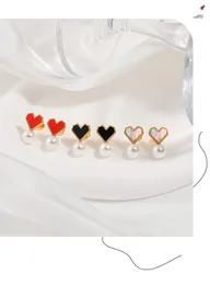 Stud Earrings Natural White Shell Black Red Heart Imitation Pearl Pendant Light Luxury Retro Fashion Accessories Gift For Women