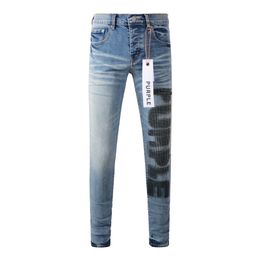 PURPLE jeans High Street style fashion designer men's blue knee washed and whitened jeans creative letter printing stretch Slim thin small leg pants