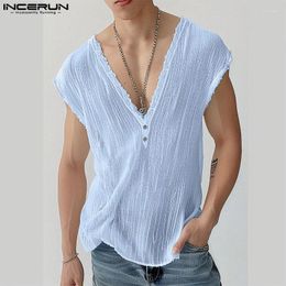 Men's Tank Tops 2024 Men Lace Patchwork V Neck Sleeveless Summer Streetwear Casual Male Vests Loose Fashion Clothing S-5XL INCERUN