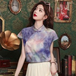 Women's Blouses 2024 Chiffon Summer Blouse Casual Fashion Chinese Style Tops Tie Dye Printing Short Sleeved Shirt