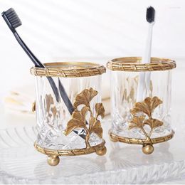 Storage Bottles Brass Glass Bucket Pen Holder Cup Cosmetic Brush Bottle Home Desktop Organiser Decorative Jar