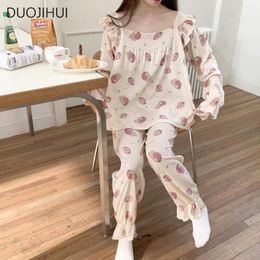 Home Clothing DUOJIHUI Spring Two Piece Chicly Printed Female Pajamas Set Fashion Pullover Simple Pant Sweet Casual For Women