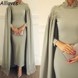 Muslim Dubai Arabic Middle East Evening Dresses With Cape Wrap Sage High Neck Lace Appliqued Prom Party Gowns Long Sleeves Moroccan Kaf 256o
