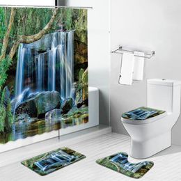 Shower Curtains 3D Waterfall Forest Trees Scenery Curtain With Hook Bathroom Bath Mat Set Pedestal Rug Lid Toilet Cover Non-Slip