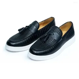 Casual Shoes Luxury Men's Genuine Leather Slip-On Tassel Loafers Weave Print Mens Dress Office Daily Walking For Men