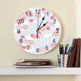Wall Clocks Japan Cherry Blossoms Flower Decorative Round Wall Clock Arabic Numerals Design Non Ticking Bedrooms Bathroom Large Wall Clock