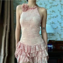 Casual Dresses Pink Lace Summer For Women 3d Floral-applique Ruffled Halter Backless Mini Dress Y2k Coquette Clothes P33-DC16