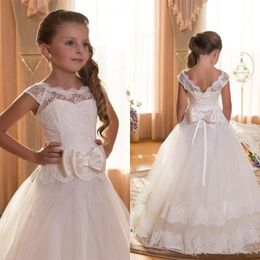 First Communion Dresses For Girls Scoop Backless Appliques Flower Girls Dress Bows Tulle Ball Gown Pageant Dresses For Girls 217Z