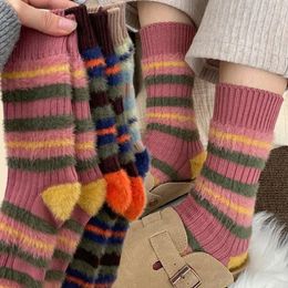 Women Socks 1/2pairs Women's Retro Mink Velvet Striped Knitted Winter Fluffy Warm Sock Mid-tube Thick Thread Needles Long Stocking