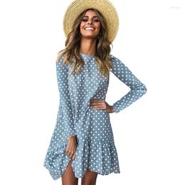 Casual Dresses Women Autumn Dress Fashion Polka Dot Chiffon Long Sleeve O Neck Ruffle Female Yellow 2024 Retro Vestido Mujer