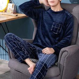 Home Clothing 2 Pcs/Set Men Winter Pajamas Set Long Sleeve Thick Loose Elastic Waist Warm Soft Homewear Top Pants