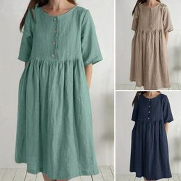 Party Dresses Summer Cotton Linen Women Vintage Short Sleeve Casual Loose Club Dress With Pockets