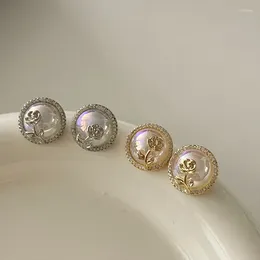 Stud Earrings Round Metal Rose Flower Crystal European And American Style Personalised Fashion Girls Travel Accessories