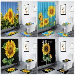 Shower Curtains Rural Scenery Yellow Sunflower Curtain Green Leaves Flowers Plant Bathroom Carpet Anti-slip Mat Bath Toilet Decor Set
