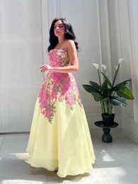 Runway Dresses Unique and elegant yellow floral lace A-line evening dress saudi arabia strapless floor mopping ball dress formal party