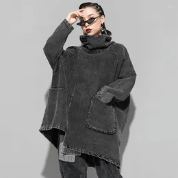Women's Jackets Loose Fit Black European Fashion Spring Clothes Turtleneck Pullover Washing Sweatshirt Oversize Irregular Denim Tops 2024