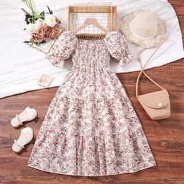Girl's Dresses Childrens casual womens clothing 2024 new summer childrens fashionable white floral print short sleeved princess dress 7-14YL240513