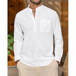 Men's Casual Shirts Cotton Linen For Men Shirt Lightweight Vacation Long Sleeve Henley Collar Beach Hawaiian T