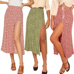 Skirts Women's High Waist Leopard Floral Polka Dot Printed Waisted Stretchy Split Long A-line Skirt For Spring And Summer Season