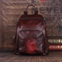 School Bags 2024 Leather Women's Bag Retro Embossing Backpack For Ipad Book Travel Handbag Female Shoulder Vintage Messenger