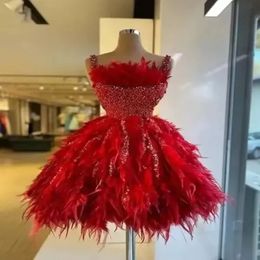 Sexy Red Feathers Ball Gown Cocktail Dresses Sparkly Sequins Prom Wear Short Sleeveless Evening Party Dress Women Formal Gowns PRO232 296n