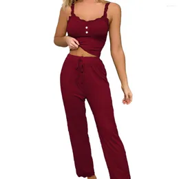 Home Clothing Women Pajama Set Flower Edge V Neck Crop Top High Waist Pants For Camisole Long Trousers Loungewear Lady