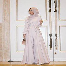 Ivory Long Sleeve Muslim Evening Dress Embroidery robe soiree Islamic dubai Hijab Evening Gowns Pantsuit Formal Prom Dress 322b