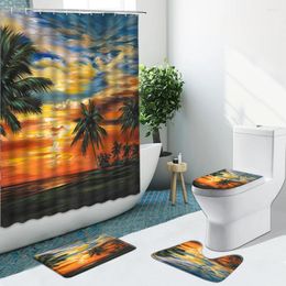 Shower Curtains Oil Painting Seascape Curtain Coconut Tree Sea Sailing Non-Slip Flannel Rug Toilet Cover Bath Mats Bathroom Set Floor Mat