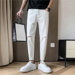 Men's Jeans 2024 Spring Male Knee Ripped Straight Slim Small Feet Denim Trousers Streetwear Stretch Casual Pants