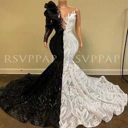 Black and White Mermaid Plus Size Prom Dress 2021 Newest Arrival Sparkly Sequin One Long Sleeve African Girl evening Dresses 270Q