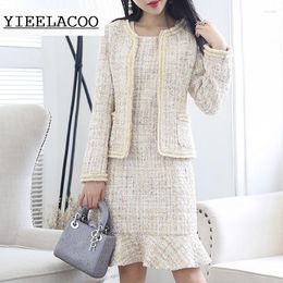 Work Dresses Khaki Tweed Jacket Sleeveless Dress Suit Sequined Fabric Custom Autumn / Winter Women's Ladies 2-piece