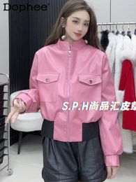 Women's Jackets European Goods Casual Leather Clothing Jacket Women Spring Autumn Stand Collar Slimming Long Sleeve Pink Zipper Coat Female