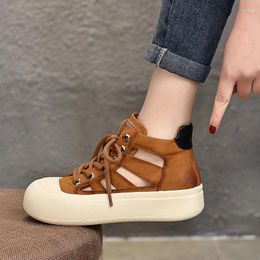 Casual Shoes 2024 Summer Round Head Genuine Leather High Top Sandals Lacing Hollow Out