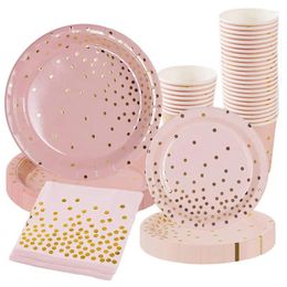 Disposable Cups Straws 96 Pcs Pink Gold Dot Party Tableware Paper Plates And Napkins For Wedding Bridal Shower Engagement Birthday