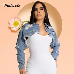 Mutevole Long Sleeve Ripped Crop Denim Jacket Women Sexy Hole Hollow Out Jeans Coat Spring Autumn Turn Down Collar Cropped Tops 240423